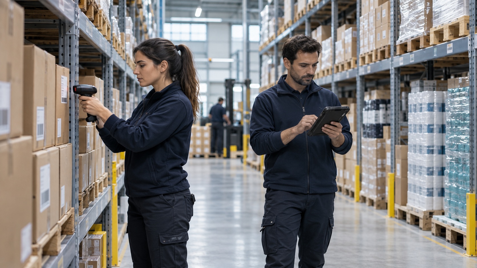 Echipă wiseINV care inventariază stocuri într-un depozit